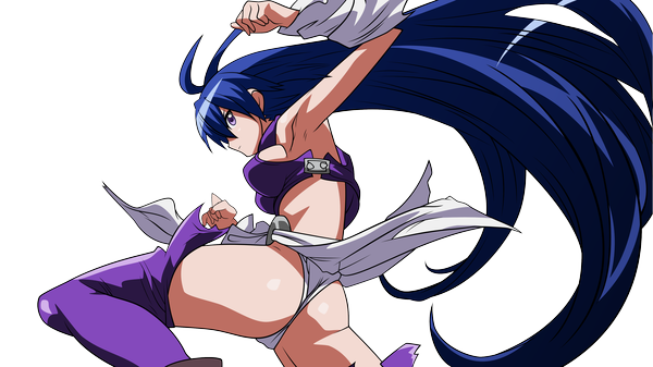 Anime picture 4444x2500 with needless madhouse eve neuschwanstein long hair highres breasts light erotic wide image purple eyes bare shoulders blue hair absurdres very long hair looking back from behind midriff transparent background vector rendered thighhighs