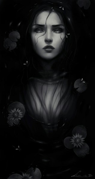 Anime picture 582x1100 with zolaida (artist) single long hair tall image looking at viewer black hair lips realistic monochrome silver eyes ophelia's pose girl flower (flowers) insect water lily