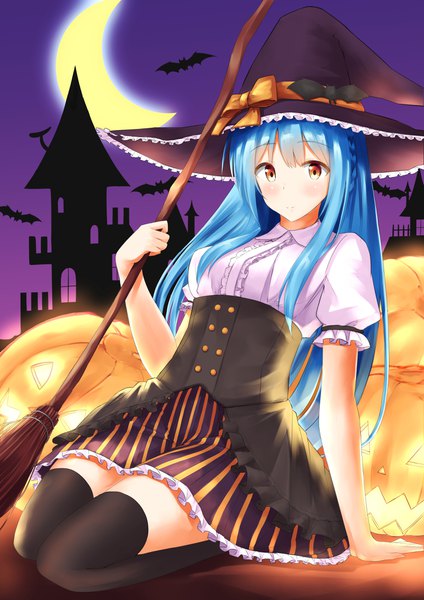 Anime picture 2894x4093 with original megurumiru single long hair tall image looking at viewer blush fringe highres sitting holding blue hair full body outdoors night arm support short sleeves orange eyes zettai ryouiki puffy sleeves