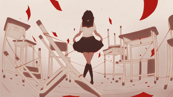 Anime picture 1000x563 with original 456 single short hair black hair wide image standing ahoge pleated skirt from behind crossed legs girl skirt uniform petals socks serafuku black skirt black socks chair