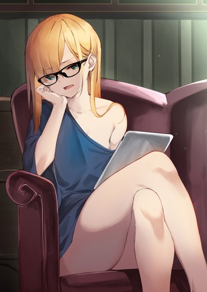 Anime picture 2508x3541 with fate (series) fate/grand order lord el-melloi ii case files reines el-melloi archisorte yuuuuu single long hair tall image looking at viewer fringe highres open mouth light erotic blonde hair hair between eyes sitting holding green eyes indoors long sleeves