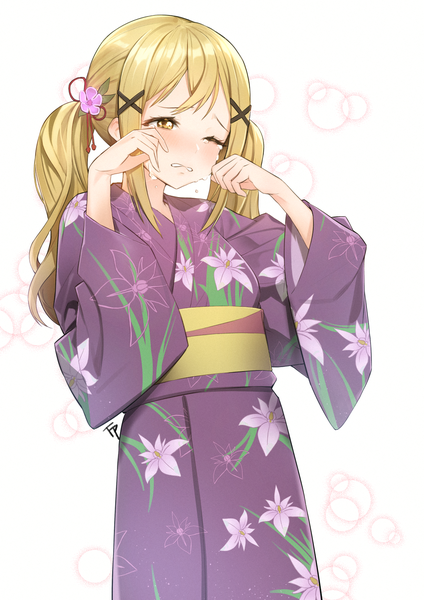 Anime picture 1240x1754 with bang dream! ichigaya arisa fpanda single long hair tall image blush fringe simple background blonde hair standing twintails payot looking away traditional clothes head tilt japanese clothes one eye closed hair flower wide sleeves