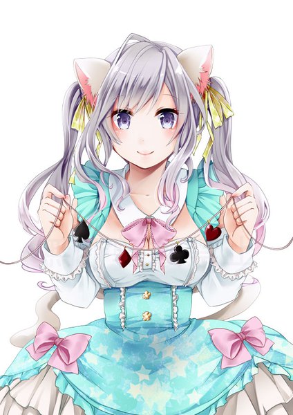 Anime picture 600x849 with original akatsuki hijiri single long hair tall image looking at viewer blush blue eyes simple background smile white background twintails holding animal ears silver hair long sleeves midriff girl dress bow