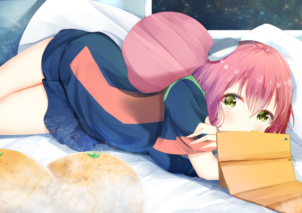 Anime picture 1169x828 with kanata no astra aries spring aties20 single looking at viewer blush fringe short hair hair between eyes green eyes pink hair indoors lying on side covered mouth girl uniform fruit tangerine