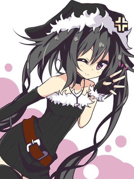 Anime picture 768x1024 with original note-chan amano kouki single tall image looking at viewer blush black hair simple background smile hair between eyes twintails purple eyes bare shoulders very long hair one eye closed wink girl thighhighs gloves