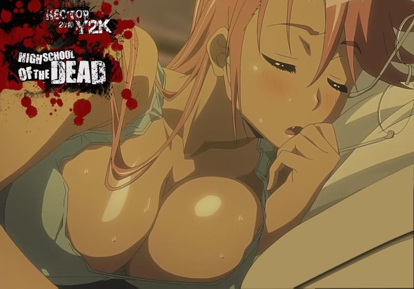 Anime picture 1682x1175 with highschool of the dead madhouse takagi saya blush breasts open mouth light erotic large breasts pink hair eyes closed sleeping girl