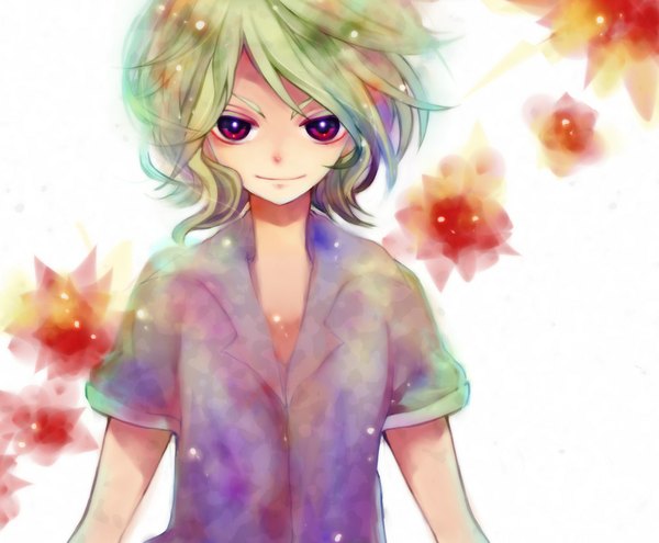 Anime picture 1024x846 with original shione (pixiv) smile white background green hair multicolored eyes boy flower (flowers)