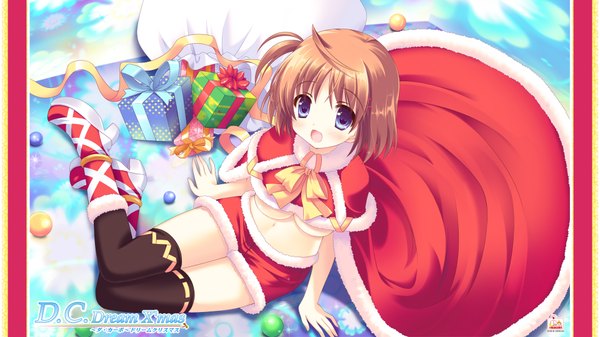 Anime picture 1920x1080 with da capo tsukishima yuuko single highres short hair open mouth blue eyes brown hair wide image girl thighhighs black thighhighs gift