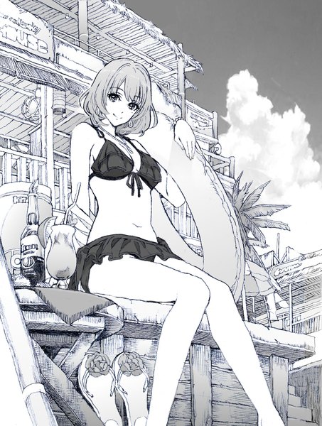 Anime picture 1800x2382 with idolmaster idolmaster cinderella girls takagaki kaede nobita (makoto7060355) single tall image looking at viewer highres short hair smile sitting sky cloud (clouds) monochrome shoes removed girl swimsuit plant (plants) earrings bikini
