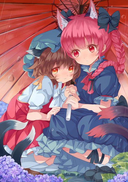 Anime picture 2507x3540 with touhou kaenbyou rin chen japa long hair tall image looking at viewer fringe highres short hair red eyes brown hair multiple girls holding animal ears red hair tail braid (braids) parted lips animal tail