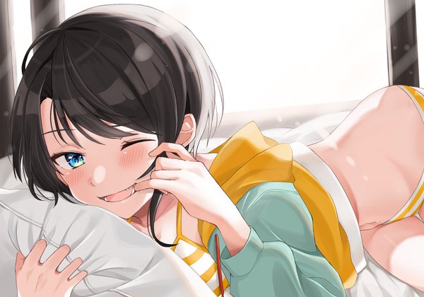 Anime picture 2600x1820 with virtual youtuber hololive oozora subaru oozora subaru (3rd costume) moonbell single looking at viewer blush fringe highres short hair open mouth blue eyes light erotic black hair lying one eye closed official alternate costume ;d finger in mouth