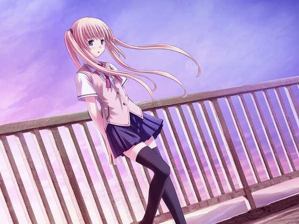 Anime picture 800x600 with sakaagari hurricane ayase natsuki nekonyan long hair looking at viewer fringe blue eyes blonde hair standing twintails payot game cg sky cloud (clouds) bent knee (knees) outdoors pleated skirt wind dutch angle evening