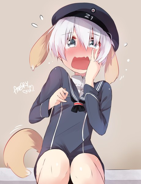 Anime picture 1200x1560 with kantai collection z1 destroyer (leberecht maass) angry num single tall image looking at viewer blush fringe short hair open mouth simple background hair between eyes sitting signed animal ears white hair tail long sleeves animal tail grey eyes