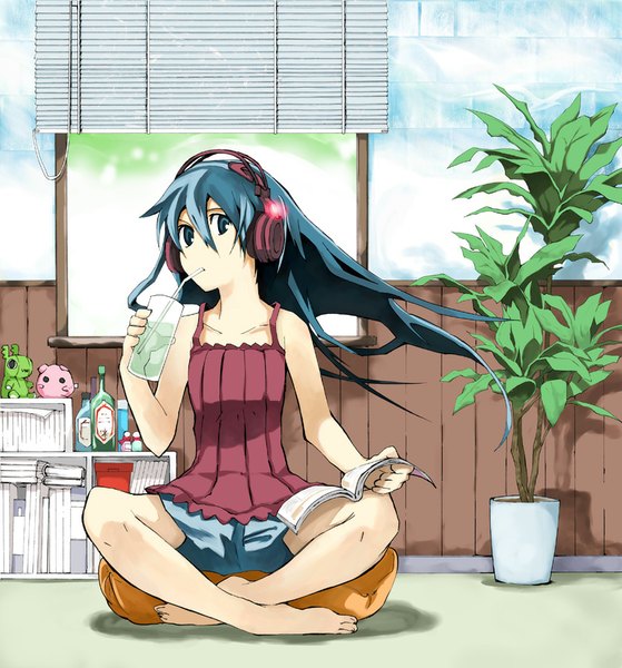 Anime picture 838x900 with original ogawa maiko single long hair tall image blue eyes black hair sitting bare shoulders looking away barefoot wind crossed legs indian style drinking girl flower (flowers) water shorts window