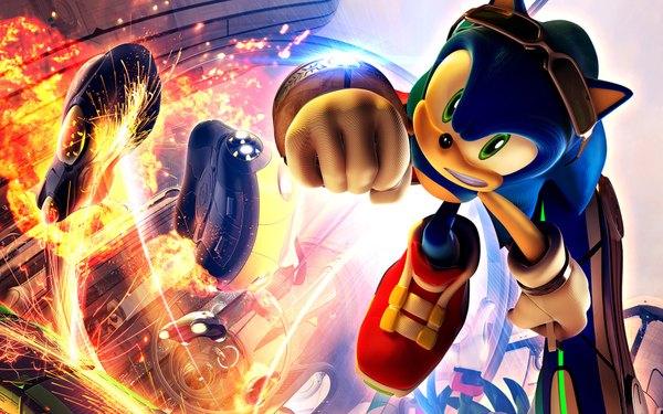 Anime picture 1920x1200 with sonic (series) sonic the hedgehog single highres wide image grin destruction 3d animal glasses sunglasses fire fist