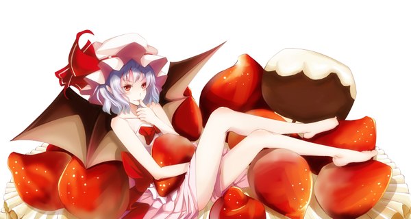 Anime picture 1500x800 with touhou remilia scarlet blush red eyes wide image barefoot girl ribbon (ribbons) hat wings food