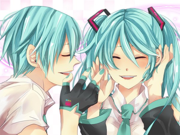 Anime picture 1200x900 with vocaloid hatsune miku hatsune mikuo long hair short hair open mouth smile twintails eyes closed aqua hair girl boy necktie fingerless gloves