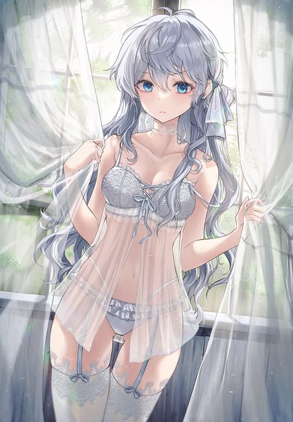 Anime picture 1500x2159 with original m1yu single long hair tall image looking at viewer fringe breasts blue eyes light erotic hair between eyes standing cleavage silver hair indoors underwear only ass visible through thighs wavy hair strap slip frilled panties