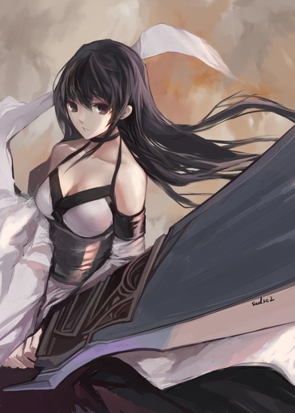 Anime picture 1181x1653 with swd3e2 single long hair tall image looking at viewer fringe breasts black hair large breasts bare shoulders brown eyes wind girl weapon sword huge weapon huge sword