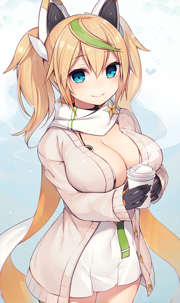 Anime picture 625x1050 with phantasy star phantasy star online 2 sega gene (pso2) muryotaro single tall image looking at viewer blush fringe breasts light erotic blonde hair smile hair between eyes large breasts standing twintails holding animal ears