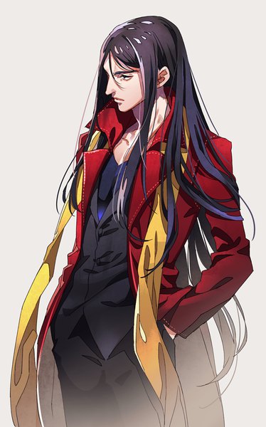 Anime picture 1094x1754 with fate (series) fate/grand order waver velvet lord el-melloi ii tenobe single long hair tall image black hair simple background standing looking away profile black eyes grey background open jacket hands in pockets boy jacket scarf