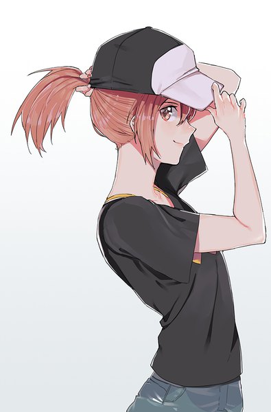 Anime picture 700x1062 with to aru kagaku no railgun j.c. staff misaka mikoto pinch (nesume) single tall image looking at viewer short hair simple background smile brown hair white background brown eyes payot upper body ponytail profile gradient background arm behind head adjusting hat