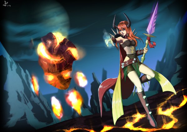Anime picture 4961x3508 with runescape (game) deilan12 (artist) single long hair highres blue eyes looking away absurdres horn (horns) lips orange hair girl weapon boots belt spear