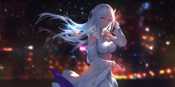 Anime picture 2976x1488 with re:zero kara hajimeru isekai seikatsu white fox emilia (re:zero) swd3e2 single long hair looking at viewer fringe highres breasts smile hair between eyes wide image purple eyes signed payot outdoors white hair braid (braids) hair flower