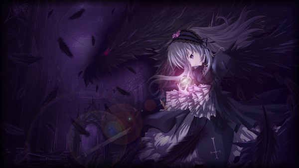 Anime picture 1920x1080 with rozen maiden suigintou single long hair highres red eyes wide image white background white hair official art wallpaper black wings lolita fashion goth-loli girl dress wings frills headdress feather (feathers)