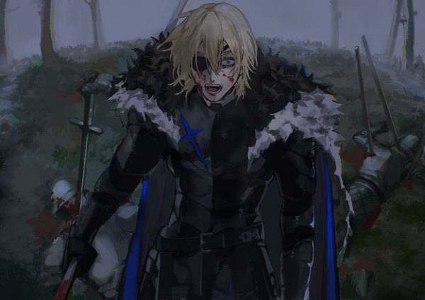 Anime picture 950x672 with fire emblem fire emblem: three houses nintendo dimitri alexandre blaiddyd osk single fringe short hair open mouth blue eyes blonde hair hair between eyes standing holding looking away outdoors from above teeth blood on face crazy