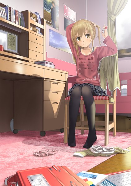 Anime picture 1240x1754 with original yoropa single long hair tall image blonde hair sitting twintails brown eyes short twintails girl skirt pantyhose black pantyhose chair room