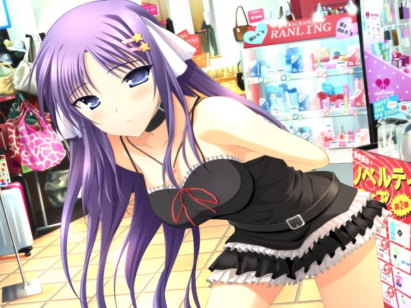 Anime picture 1200x900 with angel navigate nanahara ayaka single long hair looking at viewer blush purple eyes game cg purple hair girl dress headband collar