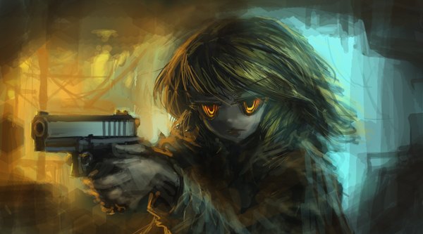 Anime picture 1800x1000 with original lm7 (op-center) highres wide image yellow eyes gun
