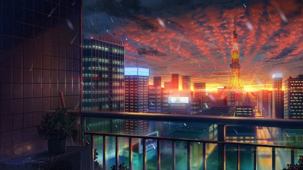 Anime picture 1500x844 with original niko p wide image cloud (clouds) sunlight night night sky city evening sunset cityscape no people city lights tokyo plant (plants) building (buildings) sun skyscraper balcony tokyo tower