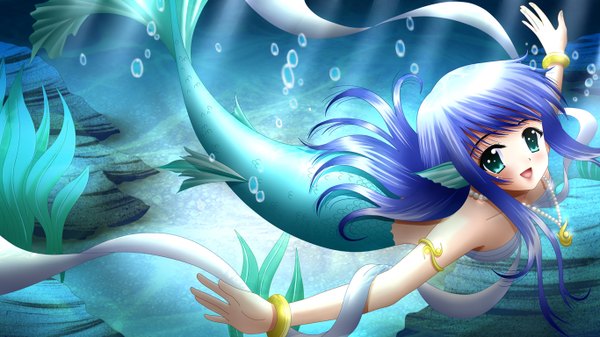 Anime picture 1366x768 with ilolamai single long hair wide image green eyes blue hair girl mermaid