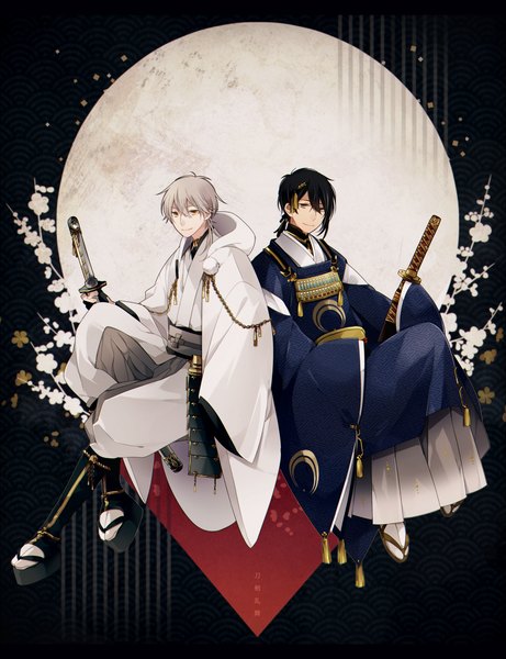 Anime picture 1200x1561 with touken ranbu nitroplus tsurumaru kuninaga mikazuki munechika yori (y rsy) tall image short hair black hair blonde hair smile yellow eyes full body white hair traditional clothes japanese clothes light smile inscription hieroglyph dark background boy