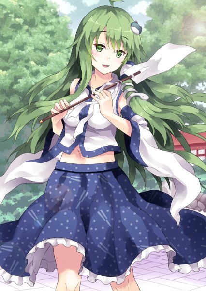 Anime picture 852x1200 with touhou kochiya sanae rasahan (artist) single long hair tall image looking at viewer blush open mouth green eyes ahoge green hair girl hair ornament plant (plants) detached sleeves animal tree (trees) hair tubes snake