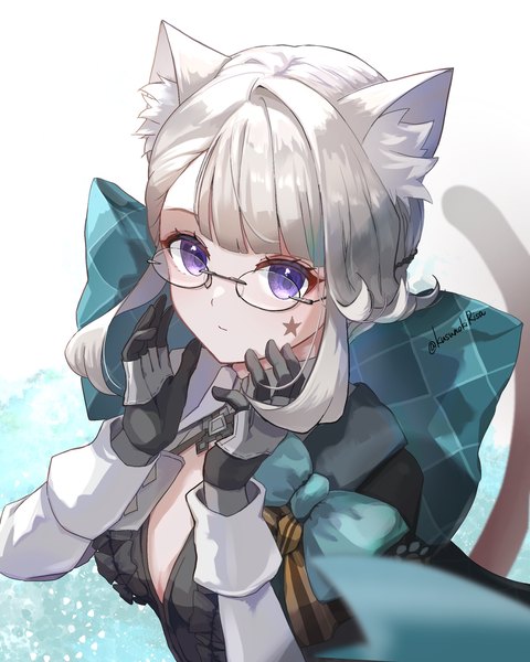 Anime picture 1800x2250 with genshin impact lynette (genshin impact) kusunoki  r single tall image highres short hair purple eyes signed animal ears silver hair tail animal tail from above cat ears cat girl cat tail twitter username facial mark bespectacled