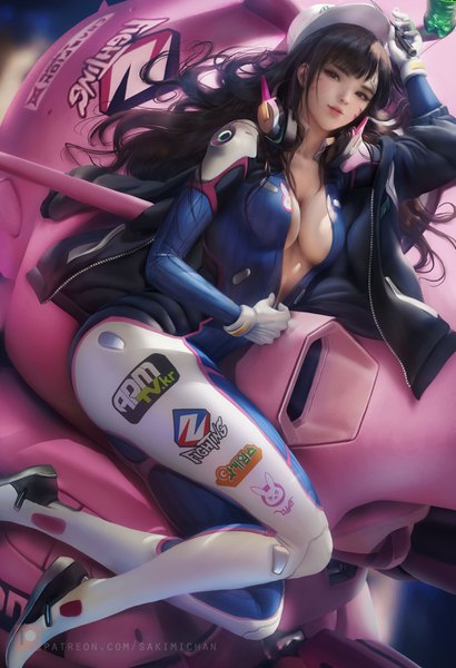 Anime-Bild 2395x3500 mit overwatch blizzard entertainment d.va (overwatch) meka (overwatch) shooting star d.va sakimichan single long hair tall image looking at viewer blush fringe highres breasts light erotic black hair holding lying blunt bangs from above