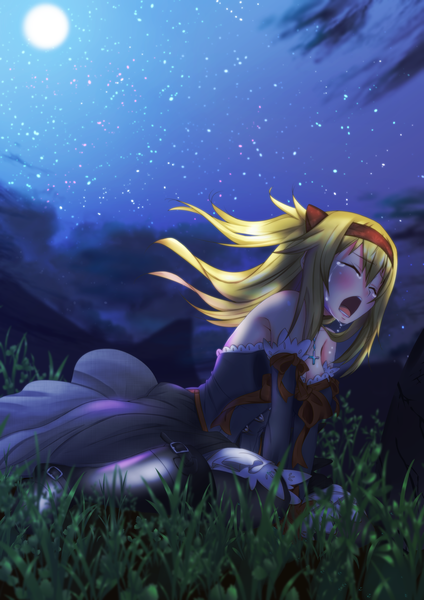 Anime picture 1358x1920 with original dandou single long hair tall image blush open mouth blonde hair signed eyes closed night tears girl dress plant (plants) detached sleeves hairband moon grass