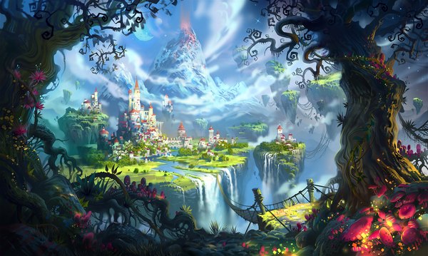 Anime picture 1864x1117 with original ivany86 (artist) highres wide image sky cloud (clouds) city cityscape mountain no people landscape scenic glow river nature rock waterfall panorama floating island flower (flowers)