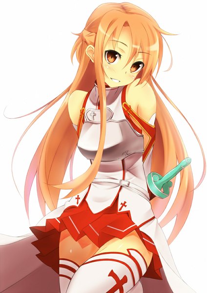 Anime picture 800x1131 with sword art online a-1 pictures yuuki asuna kinta (distortion) single long hair tall image looking at viewer blush simple background smile brown hair white background brown eyes girl thighhighs weapon detached sleeves white thighhighs sword
