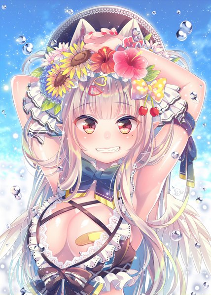 Anime picture 714x1000 with original nemuri nemu single long hair tall image looking at viewer blush fringe breasts light erotic smile red eyes large breasts standing animal ears payot sky silver hair upper body blunt bangs