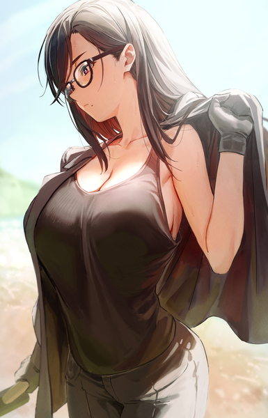 Anime picture 2616x4080 with summertime render minakata hizuru marse (rokudaime) single long hair tall image highres breasts light erotic black hair large breasts looking away cleavage upper body outdoors multicolored hair mole colored inner hair mole under mouth girl