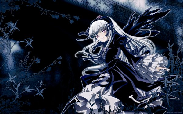 Anime picture 2560x1600 with rozen maiden suigintou miky1103 rehena (valeria) single long hair highres wide image standing white hair dark background vector third-party edit girl dress flower (flowers) ribbon (ribbons)