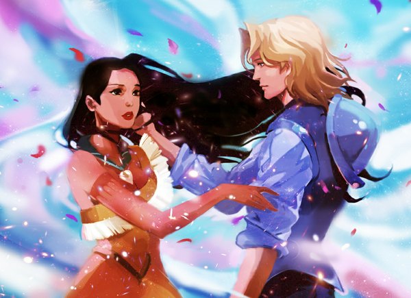 Anime picture 1140x827 with pocahontas disney pocahontas (character) john smith athena-chan (artist) long hair short hair black hair blonde hair bare shoulders profile wind black eyes couple dark skin girl boy hat petals