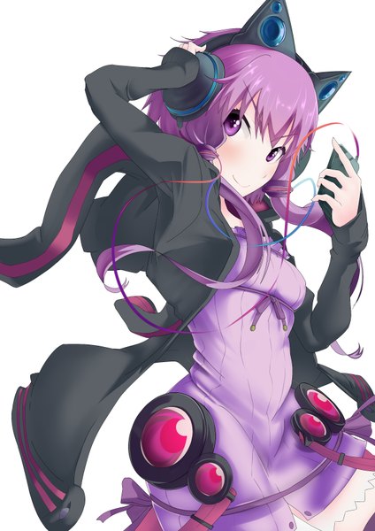 Anime picture 2480x3508 with vocaloid axent wear headphones yuzuki yukari namamo nanase single long hair tall image looking at viewer blush fringe highres breasts simple background smile white background twintails purple eyes purple hair low twintails hand on headphones