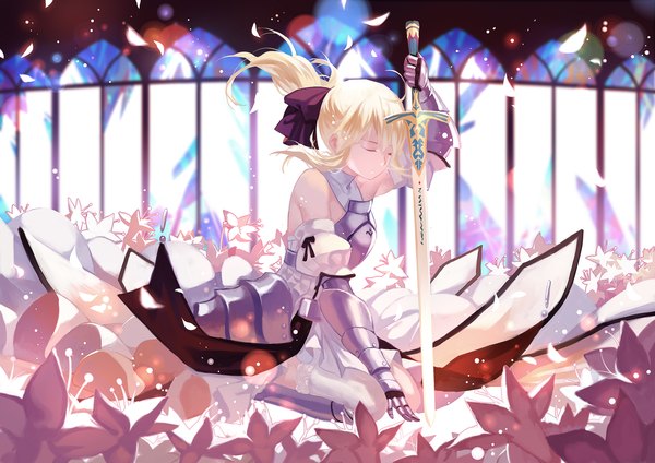 Anime picture 1920x1358 with fate (series) fate/unlimited codes type-moon artoria pendragon (all) saber lily joseph lee single long hair highres blonde hair sitting ahoge ponytail girl gloves flower (flowers) ribbon (ribbons) weapon hair ribbon petals