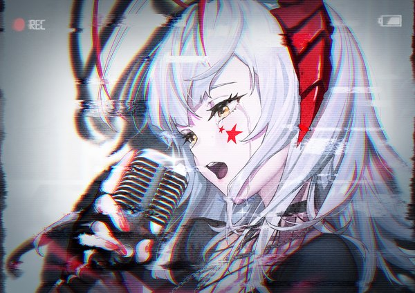 Anime picture 1697x1200 with arknights w (arknights) ttk (kirinottk) single long hair fringe open mouth red eyes holding looking away silver hair upper body nail polish horn (horns) fingernails tears facial mark alternate hairstyle crying anaglyph