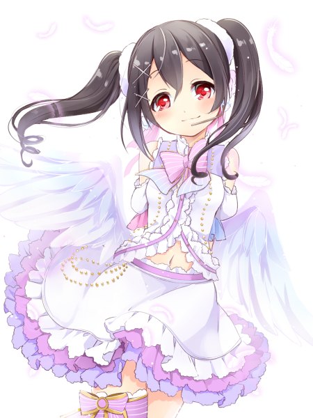 Anime picture 900x1200 with love live! school idol project sunrise (studio) love live! yazawa nico hazuki natsu single long hair tall image blush black hair simple background smile red eyes white background twintails bare shoulders hands behind back angel wings girl dress